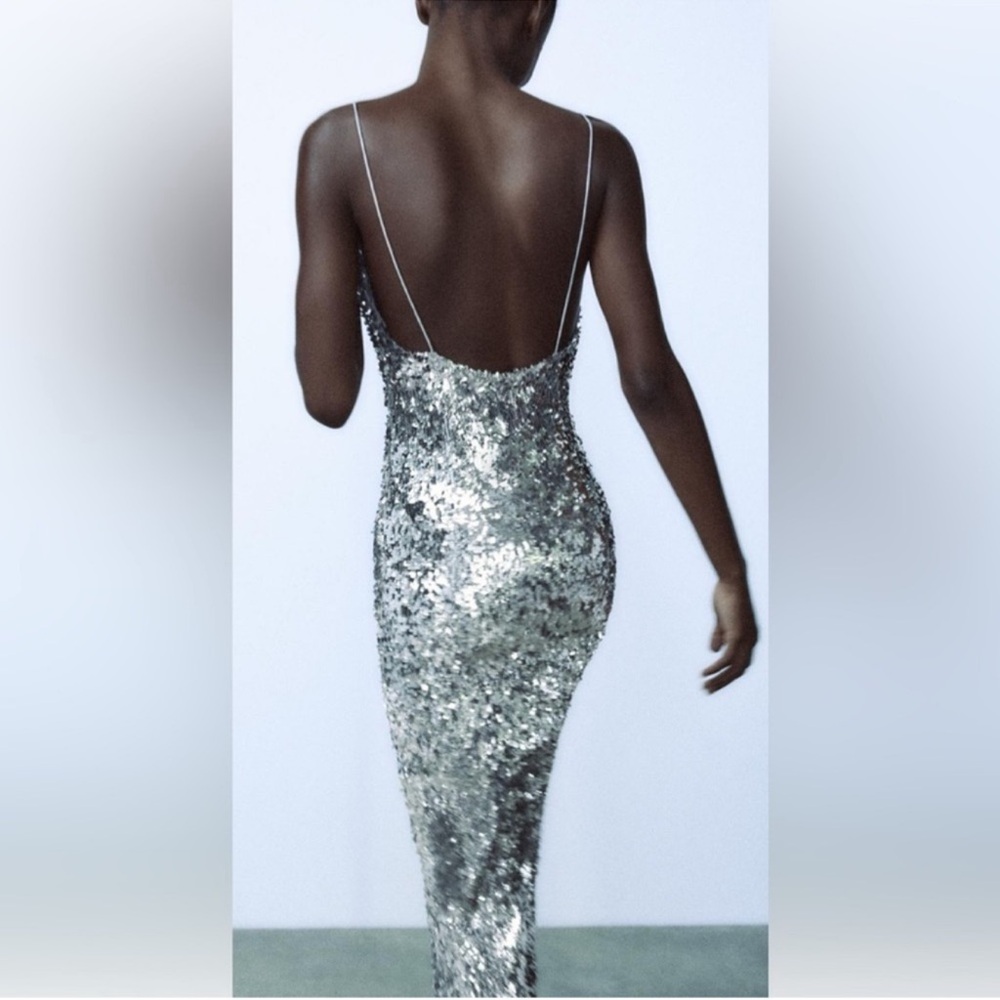 NWT Zara Silver Sequin Maxi Dress Size S - Picture 3 of 16